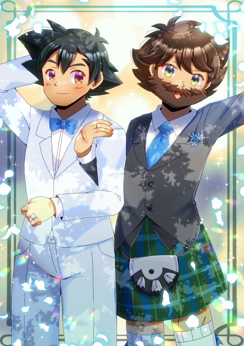 2boys aged_up arm_behind_head arm_up ash_ketchum beard black_hair blue_bow blue_bowtie blue_flower blue_necktie blurry blurry_background bow bowtie brown_hair collared_shirt commentary_request commission depth_of_field dress_shirt facial_hair flower green_eyes grey_jacket jacket kilt kou_hiyoyo locked_arms male_focus multiple_boys mustache necktie original pants plaid pokemon pokemon_(anime) red_eyes shirt skeb_commission standing stubble suit thick_eyebrows thighhighs white_jacket white_pants white_shirt white_thighhighs yaoi