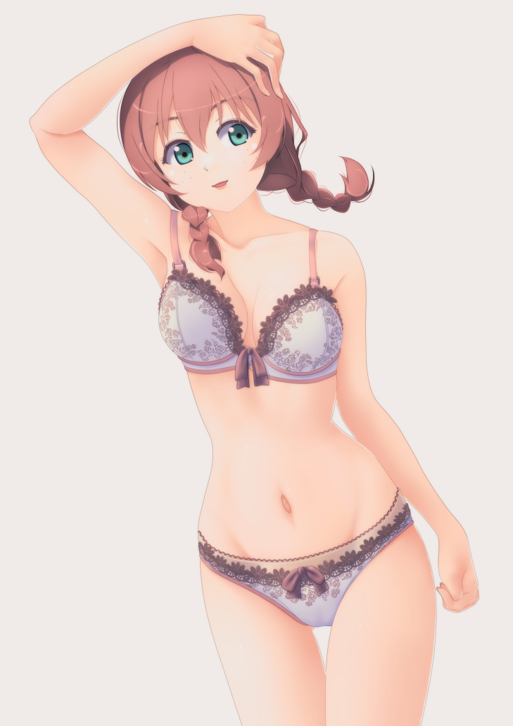 1girl arm_up armpits blue_eyes bow bow_bra bow_panties bra breasts brown_hair commentary cowboy_shot embroidered_bra embroidered_panties emma_verde freckles grey_background grey_bra grey_panties groin hand_on_own_head jou_(circlemay) looking_at_viewer love_live! love_live!_nijigasaki_high_school_idol_club low_twintails medium_breasts medium_hair navel open_mouth panties simple_background smile solo standing thigh_gap twintails underwear underwear_only