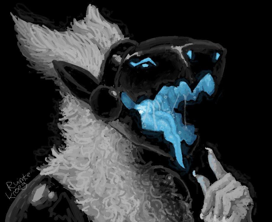 ambiguous_gender anthro black_background bodily_fluids canid canine cybernetics cyborg digital_media_(artwork) drooling fangs fur looking_at_viewer machine mammal mouth_shot open_mouth protogen ruim_(ruimtekroeg) ruimtekroeg saliva saliva_string screen screen_face simple_background smile solo teeth text tongue tongue_out white_body white_fur