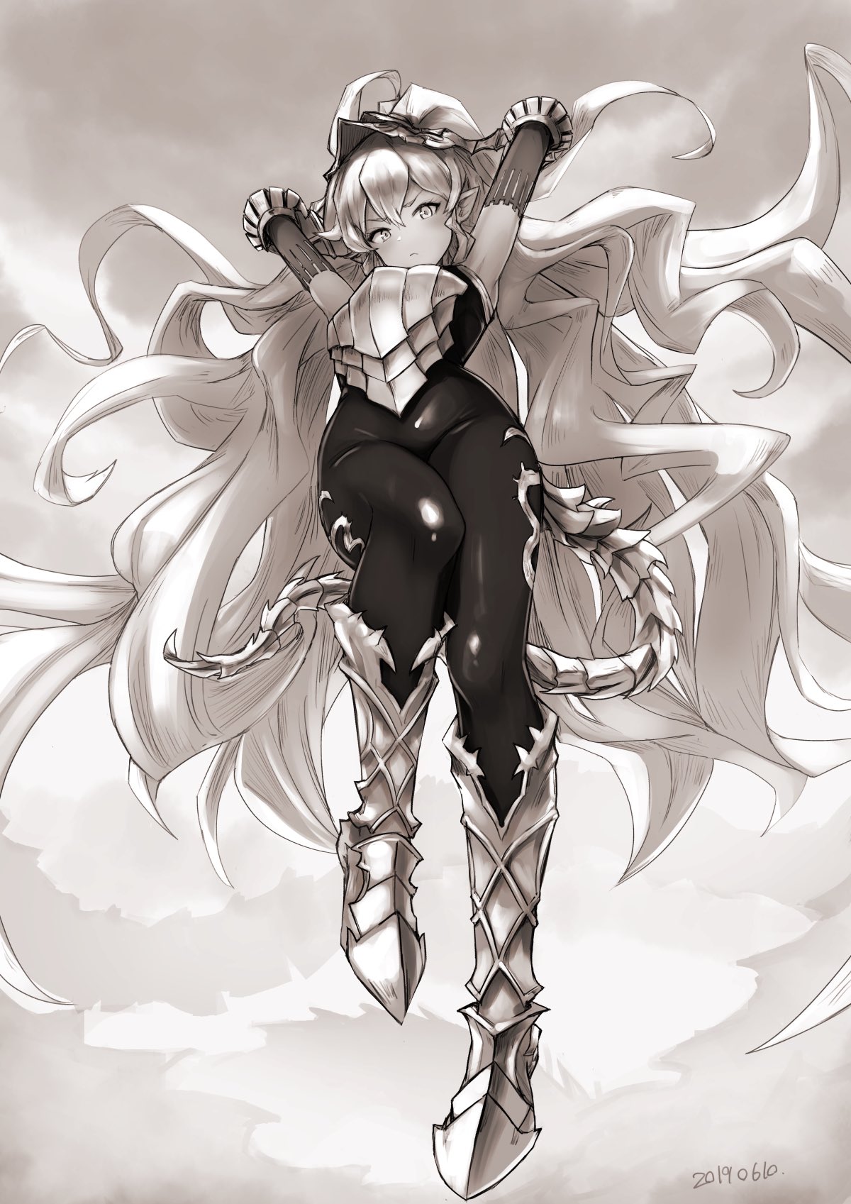 1girl armor armored_boots arms_behind_head arms_up bare_shoulders blush bodysuit boots breastplate breasts floating full_body gauntlets granblue_fantasy headpiece highres knee_boots long_hair looking_at_viewer medusa_(shingeki_no_bahamut) nosuku pointy_ears sky small_breasts snake_tail solo tail very_long_hair