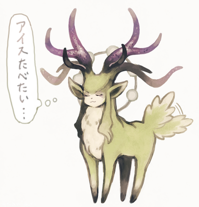 amamidori ambiguous_gender antlers artist_name aureola black_hooves black_horn black_inner_ear black_text deer deity ellipsis eyes_closed feral fur green_body green_ears green_fur green_hair green_tail hair hooves horn humanoid_face japanese_text low_res mammal multicolored_antlers multicolored_horn prick_ears purple_horn scp-2845 scp_foundation signature simple_background solo tail tail_motion tailwag text thought_bubble translation_request unguligrade white_background white_thought_bubble