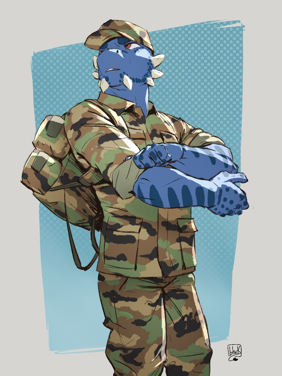 anthro argonian backpack bethesda_softworks blue_body blue_scales camo clothing facial_spikes hi_res jaw_spikes lion21 male military_uniform muscular scales scalie simple_background solo spikes spikes_(anatomy) the_elder_scrolls tristen uniform