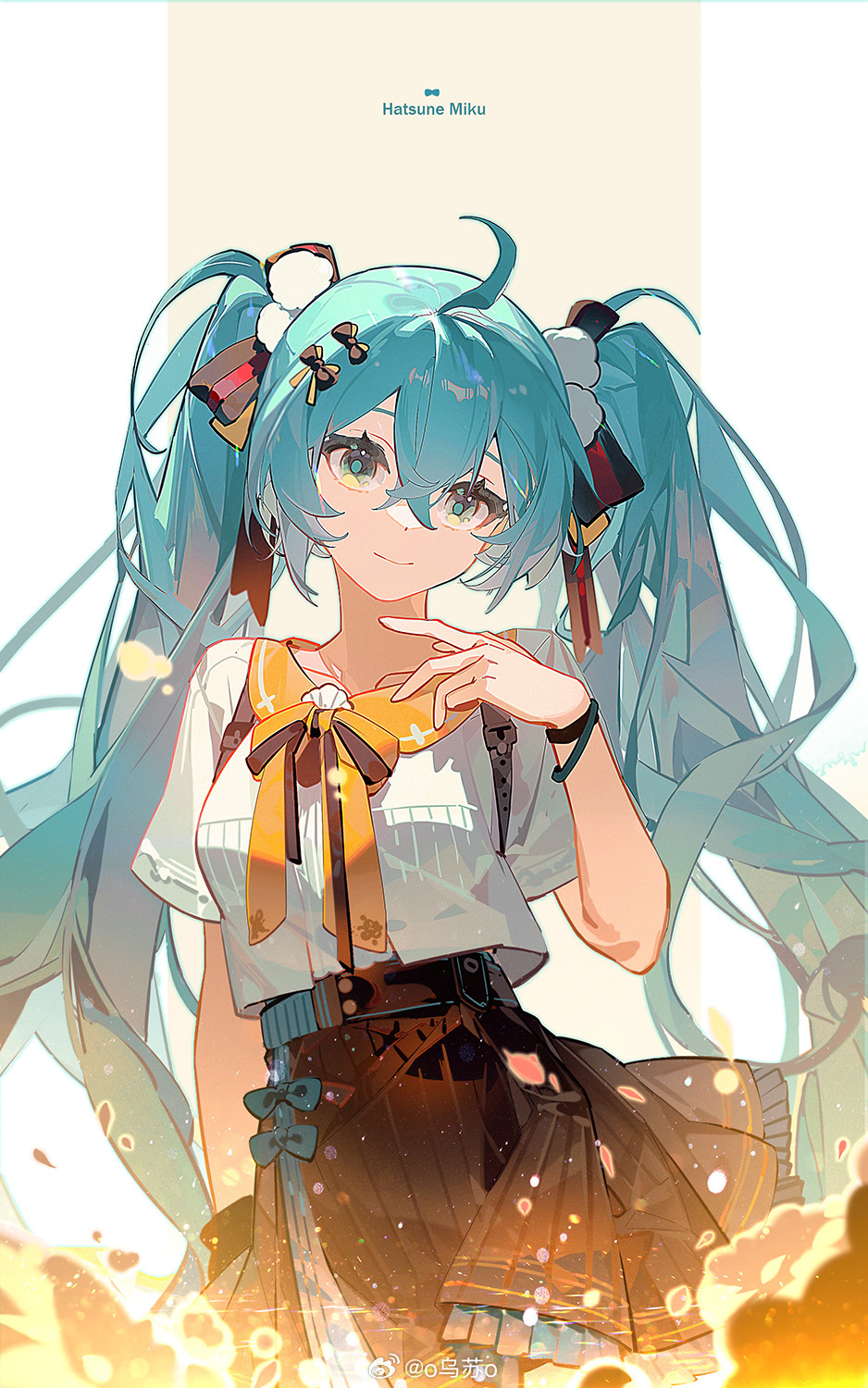 1girl ahoge arm_at_side belt black_belt black_skirt blue_bow bow bowtie bracelet character_name closed_mouth collarbone cowboy_shot crop_top embers hand_up hatsune_miku highres jewelry light_particles long_hair looking_at_viewer orange_bow orange_bowtie outside_border pillarboxed shirt skirt smile solo standing twintails two-tone_background vocaloid weibo_logo weibo_username white_background white_shirt wusu_(owusuo) yellow_background