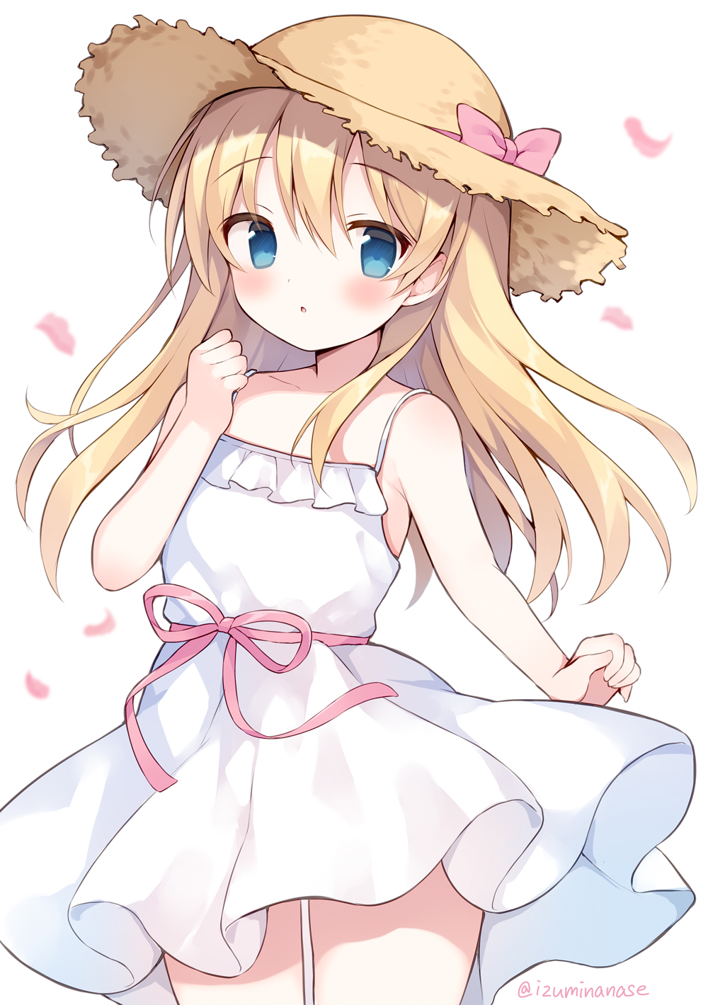 1girl :o bare_arms bare_shoulders blonde_hair blue_eyes blush brown_headwear collarbone commission dress frilled_dress frills hair_between_eyes hand_up hat highres izuminanase long_hair original parted_lips petals pink_ribbon ribbon simple_background skeb_commission sleeveless sleeveless_dress solo straw_hat sundress twitter_username very_long_hair white_background white_dress