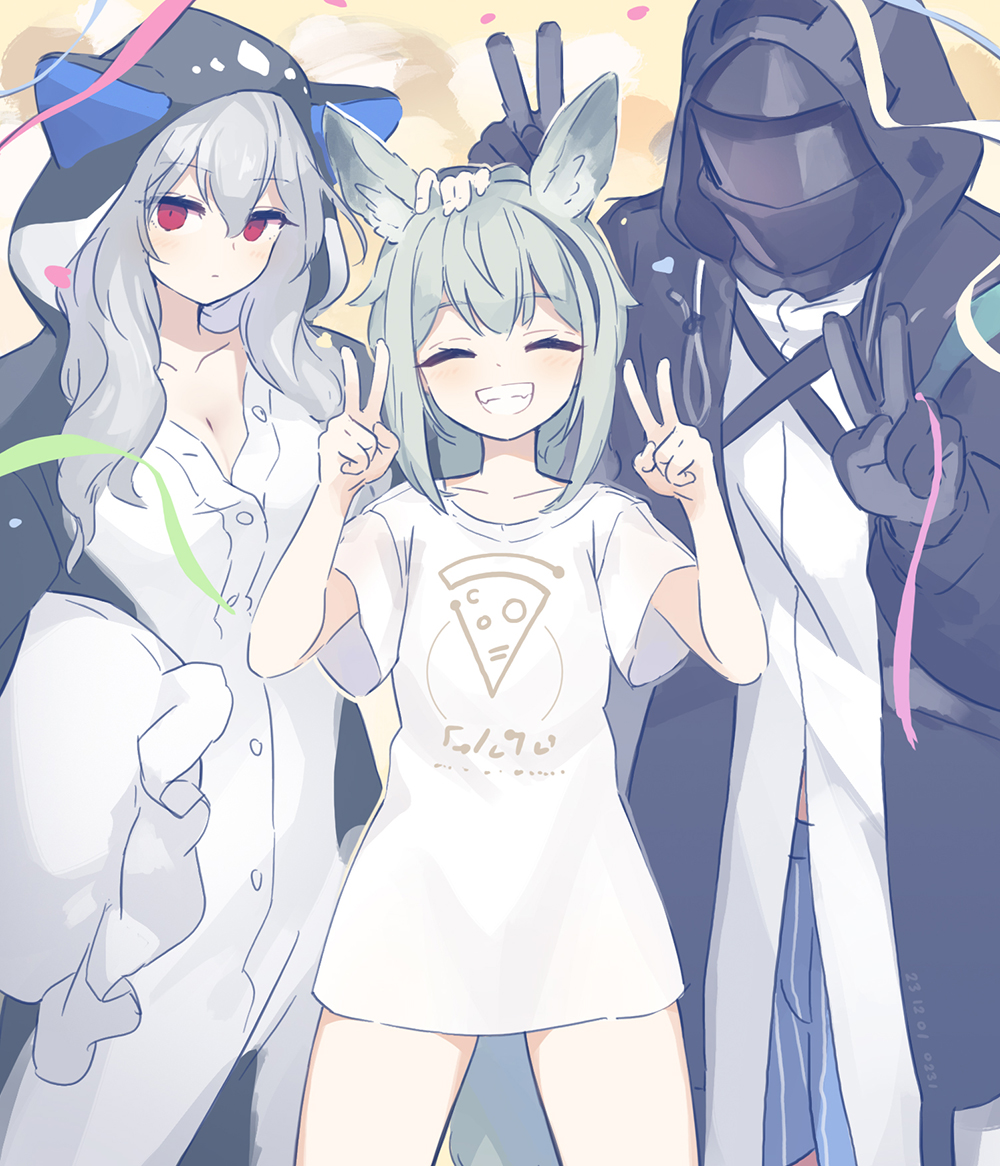 1other 2girls animal_ears arknights asicah birthday black_coat black_gloves boxers breasts buttons cleavage closed_eyes coat confetti dated doctor_(arknights) double_v feet_out_of_frame gloves grani_(arknights) grey_hair grin hand_on_another's_head helmet holding holding_pillow hood hood_up hooded_coat lab_coat long_hair looking_at_viewer male_underwear multiple_girls onesie pillow red_eyes shirt short_sleeves skadi_(arknights) smile standing streamers underwear v white_shirt
