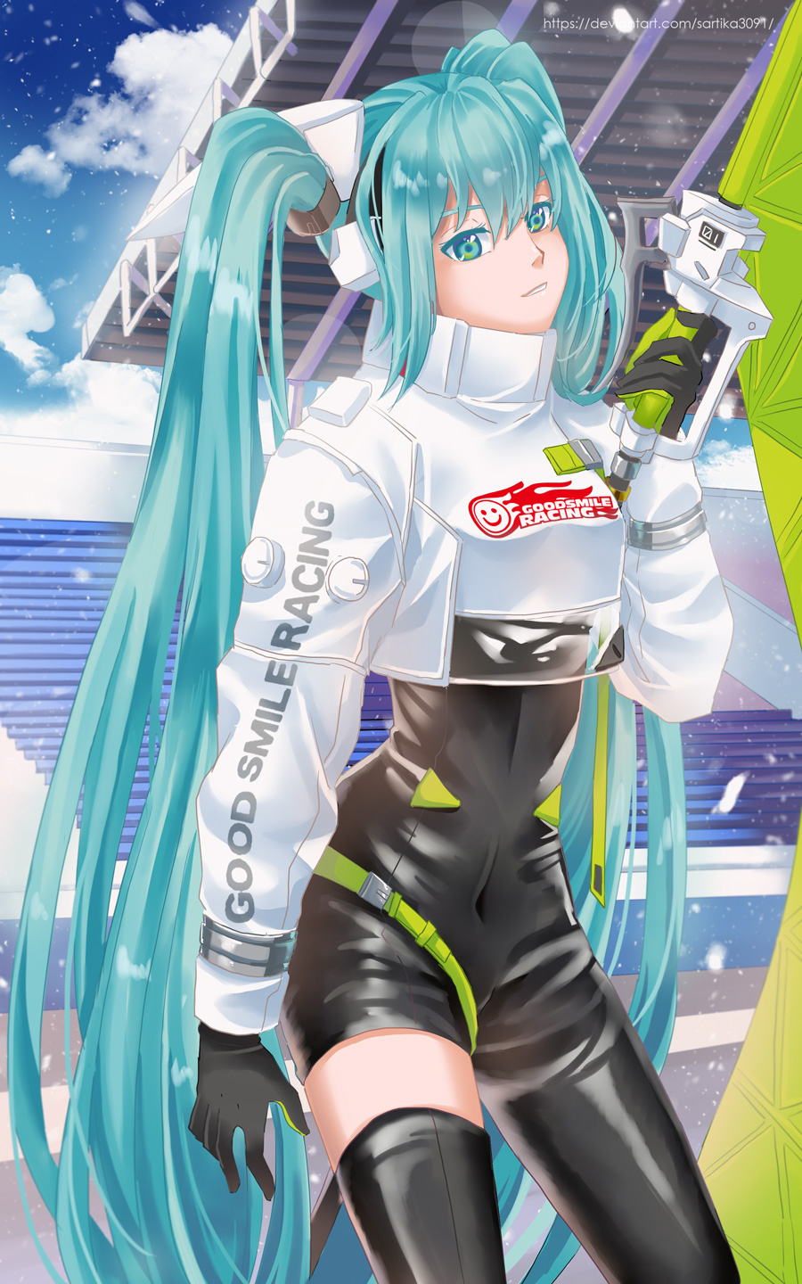 1girl black_bodysuit black_gloves black_thighhighs bodysuit cloud covered_navel cropped_jacket english_commentary flag gloves goodsmile_racing hatsune_miku head_tilt highres holding holding_flag jacket lens_flare long_hair looking_at_viewer official_alternate_costume parted_lips racetrack racing_miku racing_miku_(2022) sartika3091 single_thighhigh sky smile solo thighhighs twintails very_long_hair vocaloid white_jacket