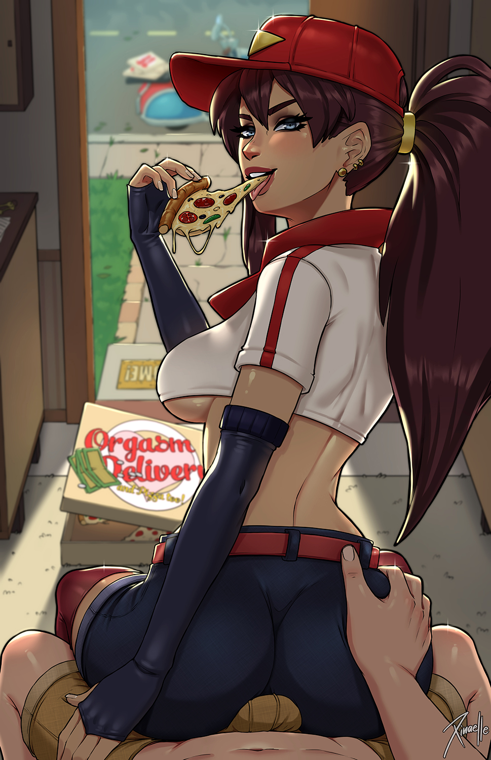 1boy 1girl belt black_shorts blue_eyes breasts brown_hair bulge commentary delivery door eating english_commentary fingerless_gloves food gloves hat hetero highres holding holding_food holding_pizza league_of_legends pizza pizza_delivery_sivir pizza_slice ponytail pov red_belt red_thighhighs shorts sitting sitting_on_lap sitting_on_person sivir thighhighs underboob xinaelle