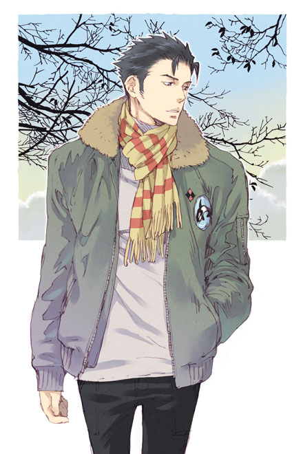 1boy black_hair black_pants border branch character_request cloud cowboy_shot fur-trimmed_jacket fur_trim gradient_sky green_jacket hands_in_pockets hitaki_(tempo) jacket looking_to_the_side male_focus outline outside_border pants parted_lips psycho-pass red_scarf scarf short_hair sky sleeves_past_wrists solo standing two-tone_scarf white_border white_outline yellow_scarf zipper