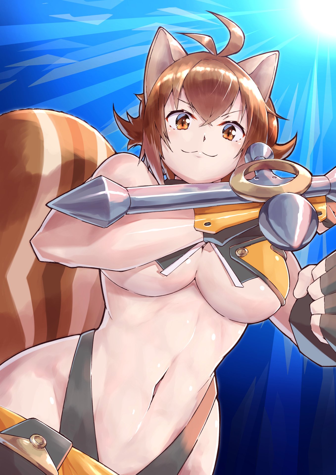 1girl animal_ears antenna_hair blazblue breasts brown_eyes brown_hair crop_top fingerless_gloves gloves highleg highleg_panties highres large_breasts makoto_nanaya midriff navel panties revealing_clothes short_hair skirt smile solo squirrel_ears squirrel_girl squirrel_tail strail_cycleman tail underboob underwear