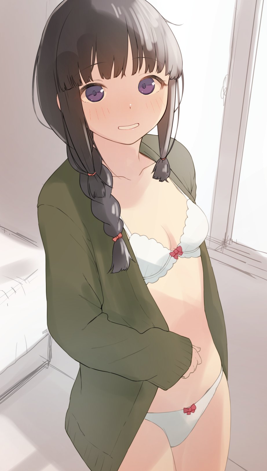 1girl black_hair blunt_bangs blush bow bow_bra bow_panties bra braid breasts cleavage collarbone commentary cowboy_shot from_above green_jacket hair_over_shoulder hair_ribbon highres indoors jacket kantai_collection kitakami_(kancolle) long_hair long_sleeves looking_at_viewer low-tied_sidelocks open_clothes open_jacket open_mouth panties purple_eyes ribbon sakieko sidelocks single_braid sleeves_past_wrists small_breasts smile solo standing thighs underwear white_bra white_panties window