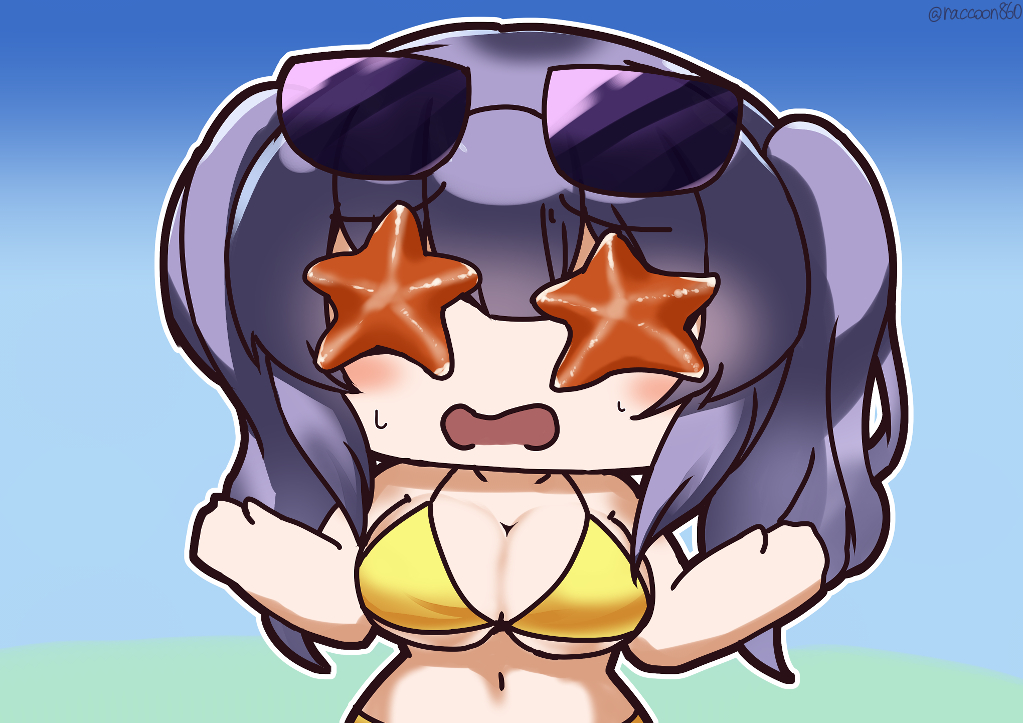 1girl animal_on_face azur_lane bangs bare_shoulders bikini blue_background blunt_bangs blush breasts chibi cleavage collarbone commentary_request eyebrows_visible_through_hair eyewear_on_head furrowed_eyebrows hair_between_eyes large_breasts long_hair midriff navel official_alternate_costume open_mouth pola_(azur_lane) pola_(seaside_coincidence)_(azur_lane) purple_hair senhayama_(racoon) sidelocks simple_background solo standing starfish sunglasses sweat swimsuit twintails twitter_username underboob upper_body yellow_bikini