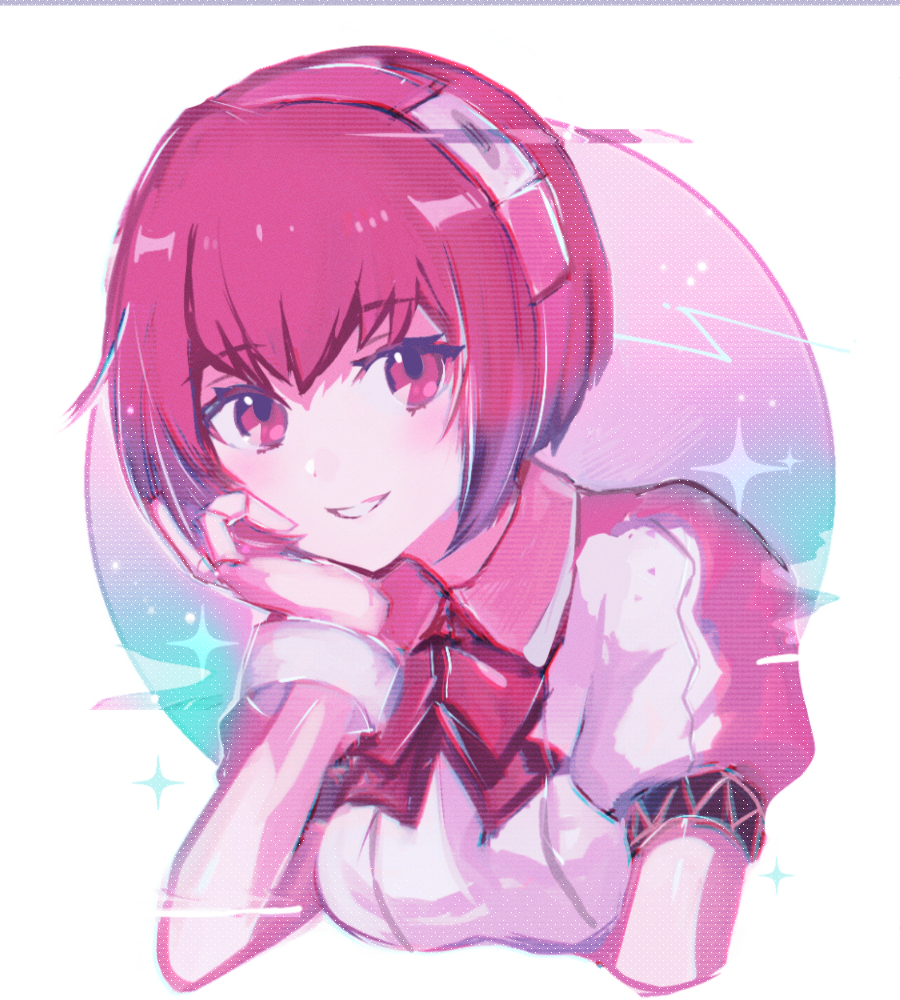 1girl dorothy_haze grin hand_on_own_chin head_rest headband joints looking_at_viewer miichinori portrait puffy_short_sleeves puffy_sleeves red_eyes red_hair robot_joints short_hair short_sleeves smile solo va-11_hall-a white_background