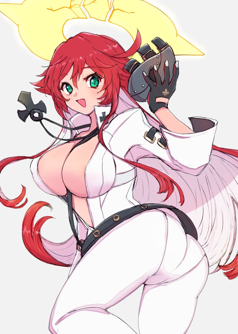 1girl ankh ankh_necklace ass belt between_breasts black_gloves bodysuit breasts broken_halo chemaru_(a8l) cleavage colored_inner_hair compass_rose_halo front_slit gloves green_eyes grey_mask guilty_gear guilty_gear_strive hair_between_eyes halo highres jack-o'_valentine large_breasts long_hair long_sleeves looking_at_viewer multicolored_hair pumpkin_mask red_gloves red_hair simple_background solo strap_between_breasts studded_belt too_many_belts two-tone_gloves two-tone_hair very_long_hair white_background white_bodysuit white_hair