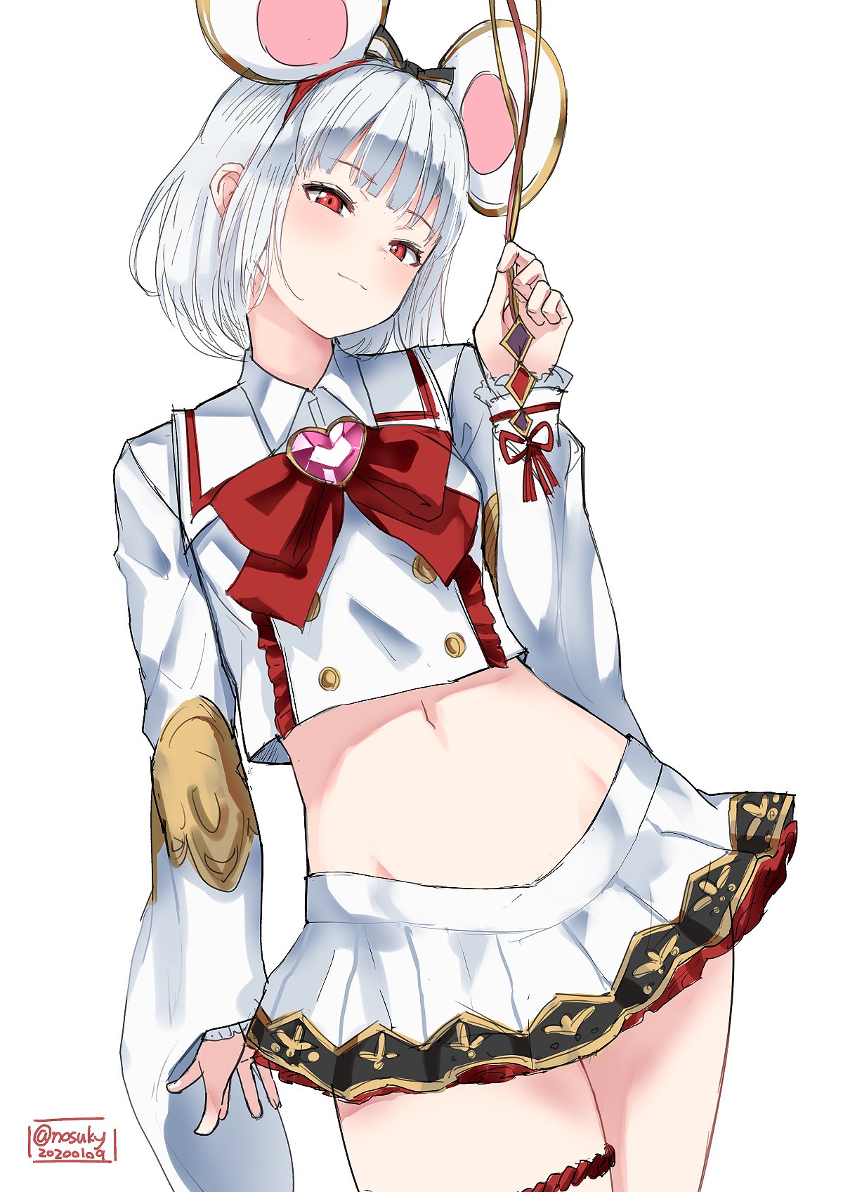 1girl animal_ears blush breasts brooch crop_top fake_animal_ears granblue_fantasy hairband heart heart_brooch highres jewelry long_sleeves looking_at_viewer midriff mouse_ears navel nosuku red_eyes short_hair skirt small_breasts smile solo thighs vikala_(granblue_fantasy) white_hair white_skirt wide_sleeves