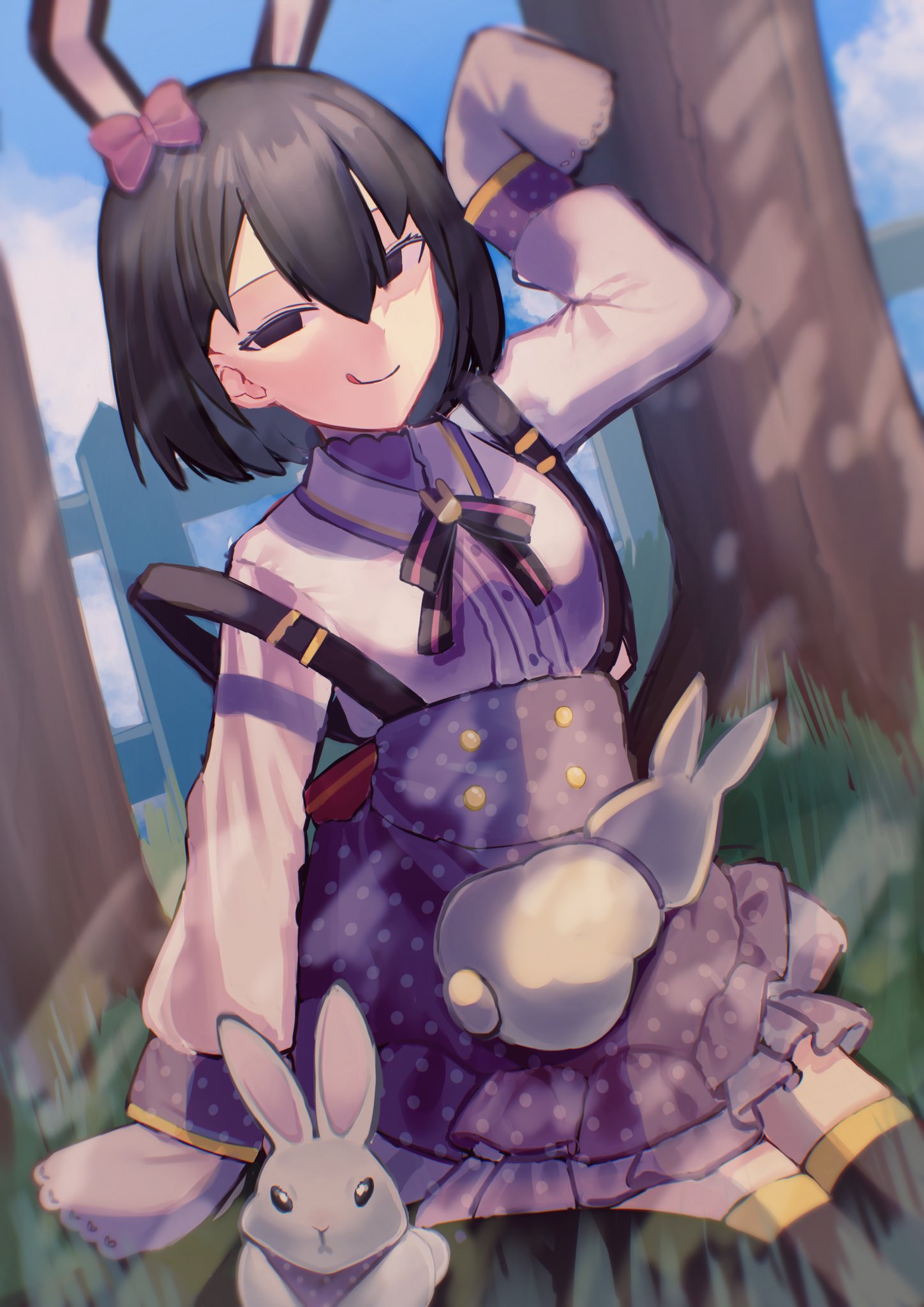 1girl :q animal_ears animal_on_lap arm_at_side black_bow black_bowtie black_eyes black_hair black_thighhighs blouse blue_skirt bob_cut bow bowtie breasts brooch closed_mouth cloud commentary cumulonimbus_cloud day dutch_angle easter empty_eyes eyelashes fence frilled_shirt frilled_skirt frills grass hair_between_eyes hair_bow hand_up highres jewelry licking_lips light_rays monogatari_(series) monogatari_series_puc_puc narrowed_eyes neckerchief on_ground on_lap oshino_ougi outdoors picket_fence polka_dot polka_dot_skirt purple_bow purple_neckerchief purple_skirt rabbit rabbit_brooch rabbit_ears shirt short_hair sitting skirt small_breasts solo sunbeam sunlight suspender_skirt suspenders t33h8703 thighhighs tongue tongue_out very_long_sleeves white_rabbit_(animal) white_shirt wooden_fence zettai_ryouiki