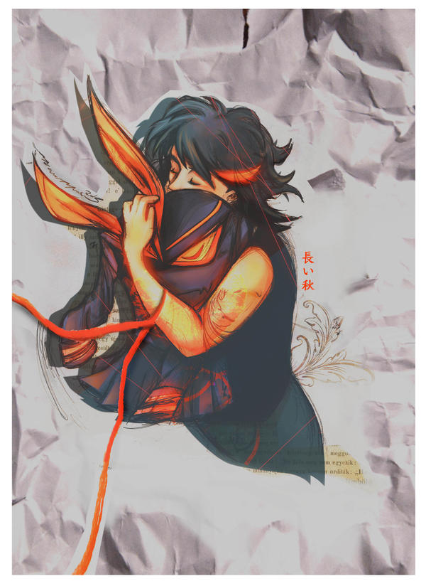 black_hair closed_eyes hug kamui_(kill_la_kill) kill_la_kill life_fiber living_clothes matoi_ryuuko mixed_media multicolored_hair red_hair revealing_clothes senketsu sepia short_hair streaked_hair the_longfall_of_1979 two-tone_hair