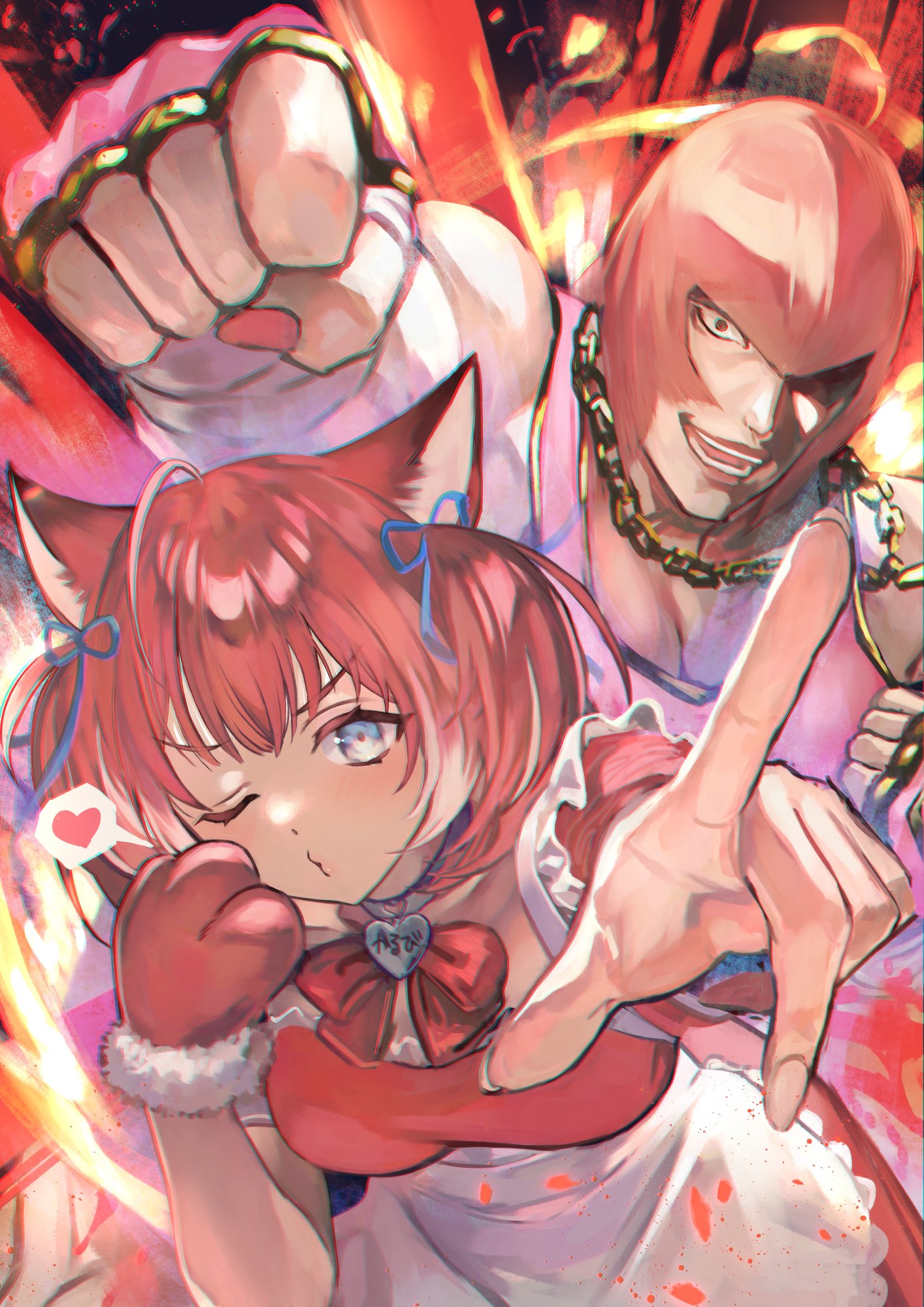 2girls ahoge akami_karubi animal_ears apron blue_eyes blush breasts cat_ears cat_girl clenched_hand dress fur-trimmed_gloves fur_trim gloves heart highres indie_virtual_youtuber jewelry looking_at_viewer marisa_(street_fighter) medium_breasts multiple_girls necklace one_eye_closed otsudou pointing pointing_at_viewer red_dress red_gloves red_hair ribbon short_hair single_glove street_fighter street_fighter_6 twintails virtual_youtuber white_apron