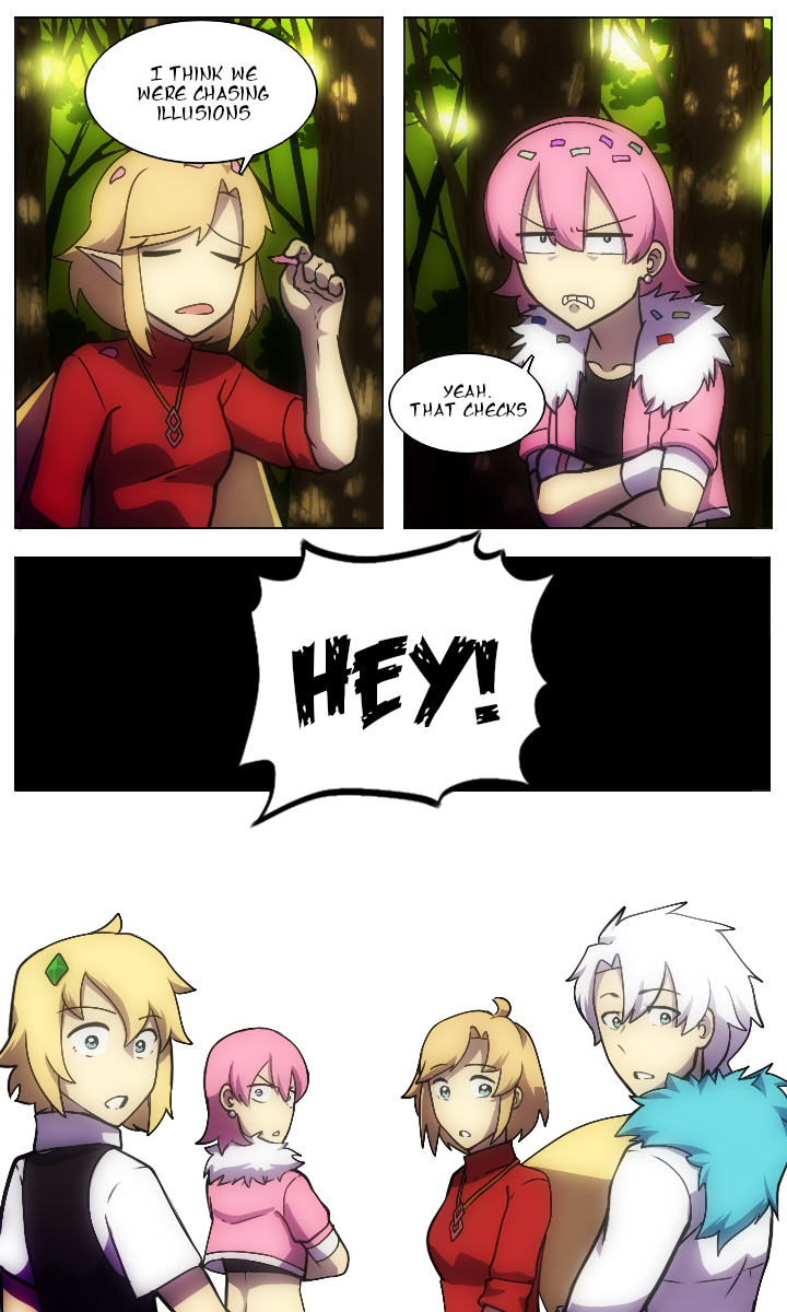 angry black_shirt blonde_hair blue_eyes breasts brother_and_sister chaldea_logo closed_eyes confetti english_text fate/grand_order fate_(series) forest gloves highres lazyartlazy12 nature open_mouth original petals pink_hair red_hair shirt siblings sisters speech_bubble white_gloves white_hair wings