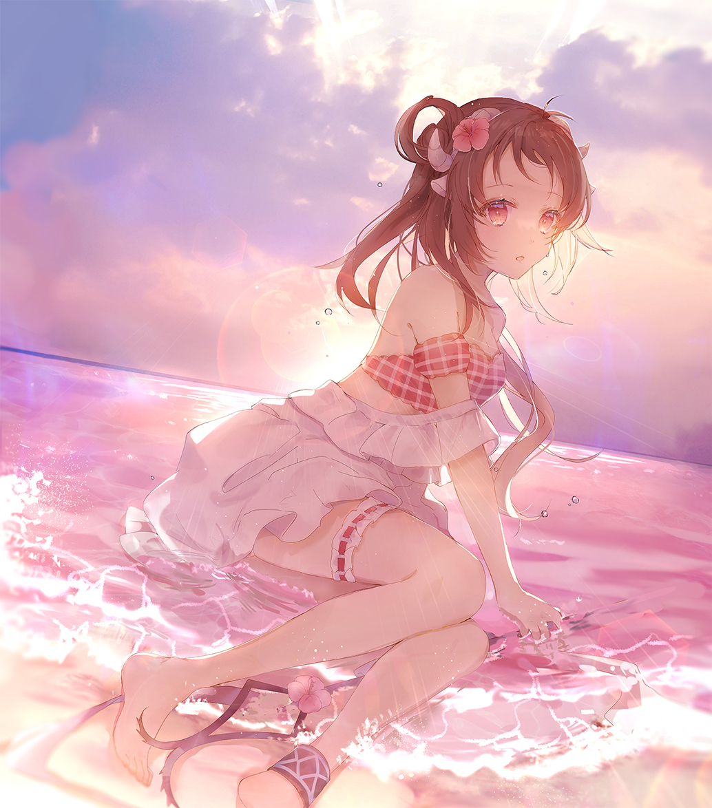 1girl animal_ears arknights barefoot beach bikini brown_hair cloud cloudy_sky commentary eyjafjalla_(arknights) eyjafjalla_(summer_flower)_(arknights) feet flower foot_out_of_frame hair_flower hair_ornament horns knees_together_feet_apart legs legwear_garter long_hair looking_at_viewer ocean official_alternate_costume outdoors pink_bikini pink_eyes shiromi sitting sky solo sun sunrise swimsuit symbol-only_commentary toes