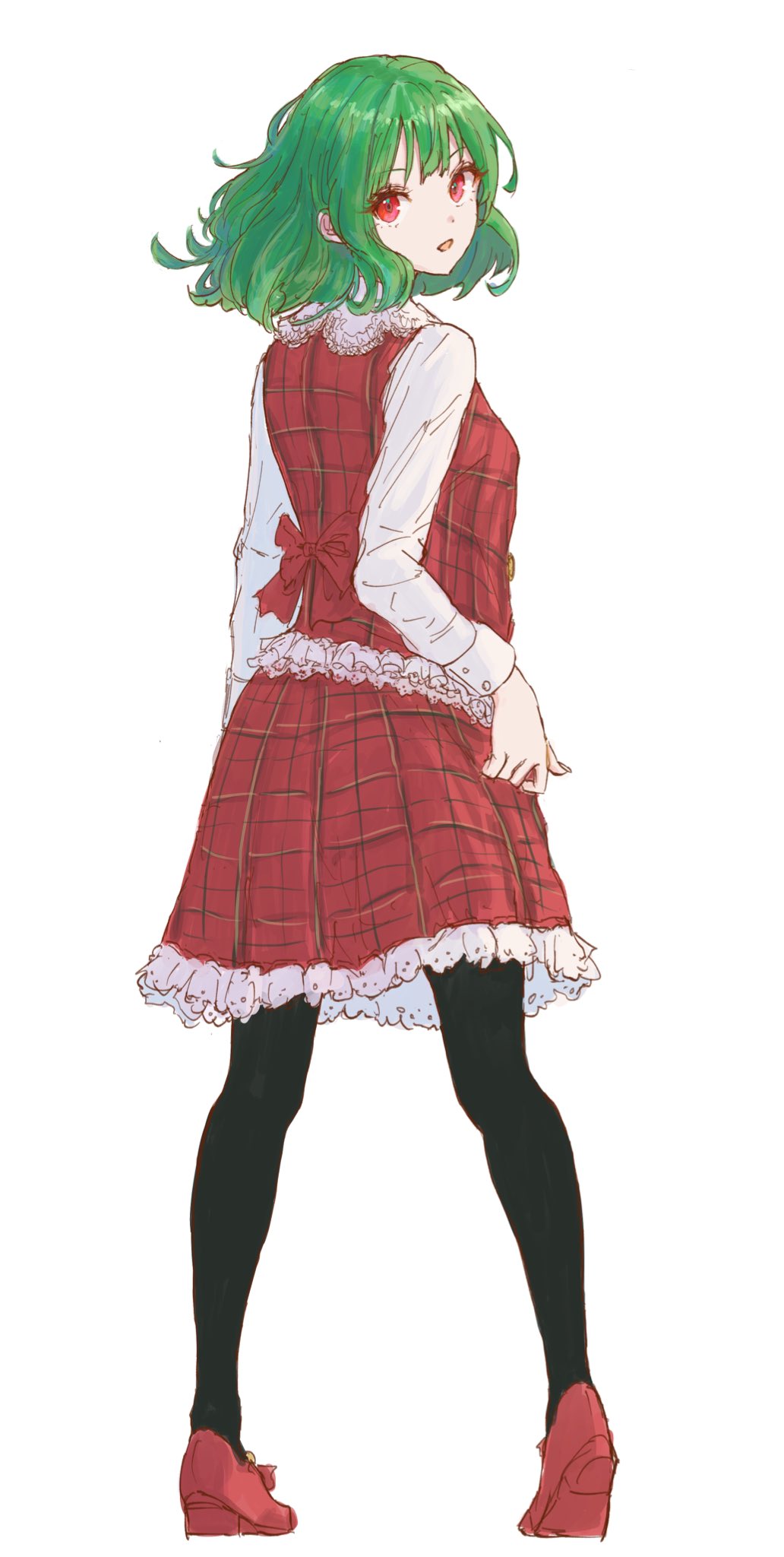 1girl adapted_costume back_bow black_pantyhose bow breasts buttoned_cuffs frills from_behind full_body green_hair heel_up highres kashiwada_kiiho kazami_yuuka legs_apart long_sleeves looking_at_viewer looking_back medium_hair open_mouth pantyhose plaid plaid_skirt plaid_vest red_bow red_eyes red_footwear red_skirt red_vest shirt shoes simple_background skirt small_breasts solo standing touhou vest white_background white_shirt