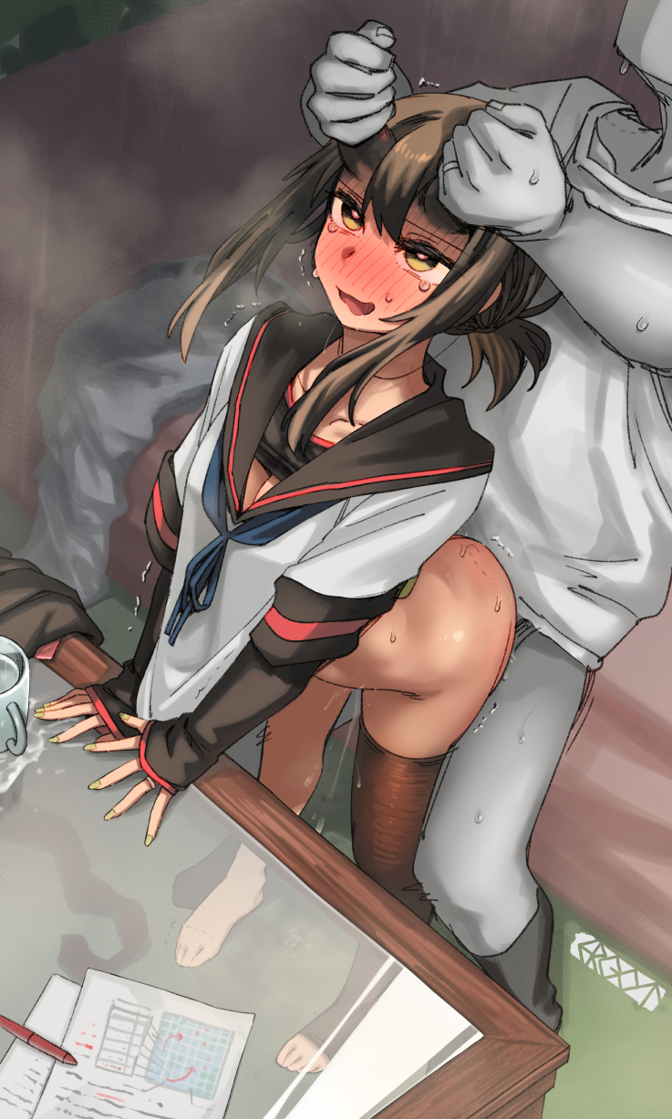 1boy 1girl admiral_(kancolle) after_sex arm_support asymmetrical_legwear bite_mark black_sailor_collar black_shirt blue_neckerchief blush breasts brown_hair clothes_lift collarbone commentary_request couch cum cumdrip desk ergot faceless faceless_male fubuki_(kancolle) fubuki_kai_ni_(kancolle) full-face_blush glass_table green_eyes hetero highres horn_grab horns indoors jewelry kantai_collection long_sleeves low_ponytail medium_breasts motion_lines neckerchief no_pants open_mouth partially_undressed pink_nails ring sailor_collar sex sex_from_behind shaking shirt shirt_lift short_sleeves sidelocks single_thighhigh sleeves_past_wrists solo_focus sweatdrop table thighhighs vaginal wedding_ring white_shirt