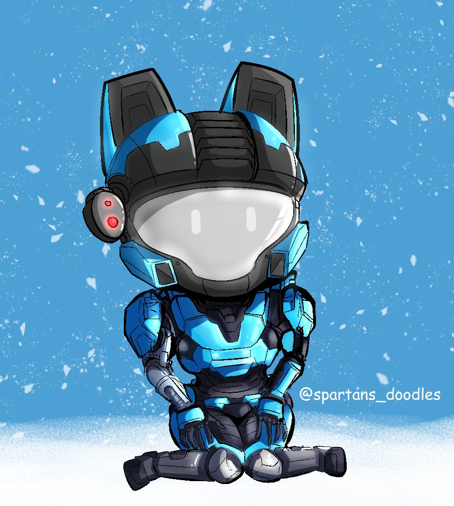 1girl animal_ear_headwear armor artist_name assault_visor catherine-b320 chibi english_commentary glowing halo:_reach halo_(series) helmet mechanical_arms power_armor single_mechanical_arm sitting snow snowing solo spartans_doodles