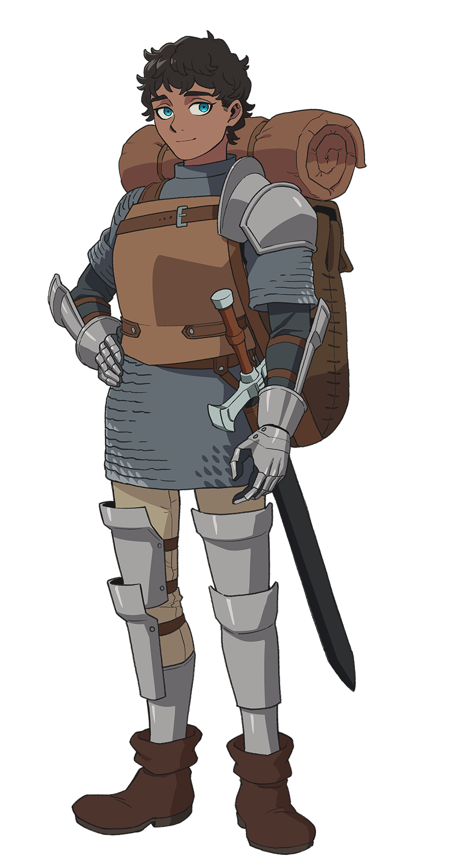 1boy armor backpack bag black_hair blue_eyes boots breastplate brown_bag brown_footwear brown_pants chainmail curly_hair dark-skinned_male dark_skin dungeon_meshi full_body hand_on_own_hip highres kabru leather leather_armor looking_at_viewer official_art pants pauldrons short_hair shoulder_armor simple_background single_pauldron solo sword tachi-e transparent_background weapon