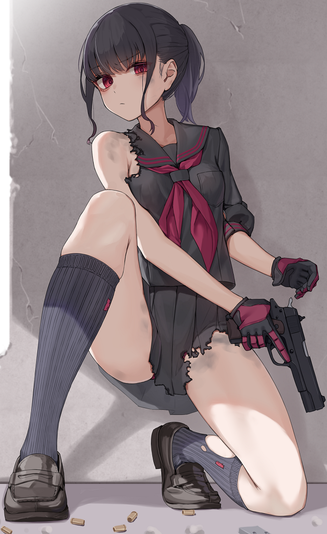 1girl black_gloves black_hair black_sailor_collar black_serafuku black_shirt closed_mouth commentary_request gloves grey_socks gun handgun holding holding_gun holding_weapon kopaka_(karda_nui) loafers looking_at_viewer m1911 neckerchief on_one_knee original ponytail red_eyes red_gloves red_neckerchief sailor_collar school_uniform serafuku shirt shoes short_hair skirt socks solo torn_clothes torn_shirt torn_skirt trigger_discipline two-tone_gloves weapon