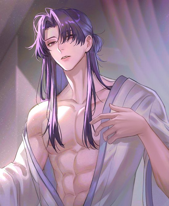 1boy abs bare_shoulders bishounen chinese_clothes curtains deer_(deer423-81) hair_over_one_eye hair_over_shoulder half_updo hand_up hanfu indoors jinshi_(kusuriya_no_hitorigoto) kusuriya_no_hitorigoto long_hair looking_at_viewer male_focus messy_hair morning nipples off_shoulder parted_lips pectorals purple_eyes purple_hair robe solo upper_body waking_up white_robe wide_sleeves