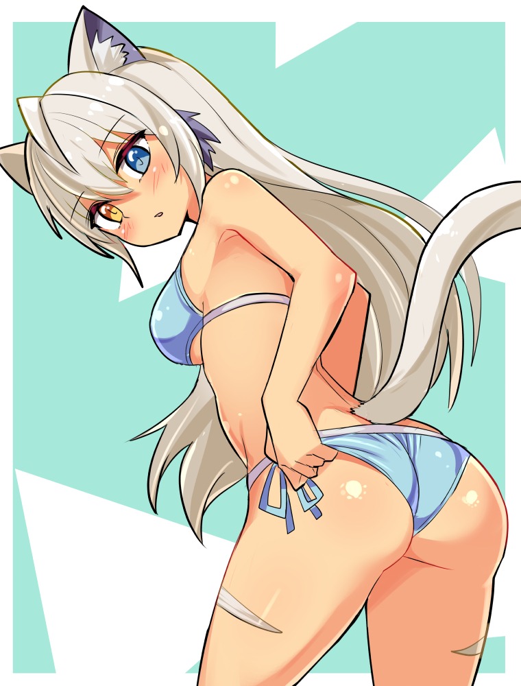 1girl adjusting_clothes adjusting_swimsuit animal_ears ass back bikini blue_bikini blue_eyes body_markings breasts cat_ears cat_girl cat_tail commentary cougar_(cougar1404) cowboy_shot from_behind grey_hair heterochromia leaning_forward long_hair looking_at_viewer looking_back medium_breasts original side-tie_bikini_bottom silui_(cougar1404) solo standing swimsuit tail tan tiger_stripes yellow_eyes
