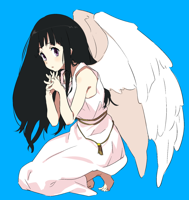 1girl angel_wings bare_shoulders barefoot black_hair blue_background blush bonbas24 chitanda_eru commentary dress feathered_wings full_body hyouka interlocked_fingers long_hair looking_at_viewer own_hands_together parted_lips purple_eyes rope sidelocks simple_background sleeveless sleeveless_dress solo squatting white_dress white_wings wings