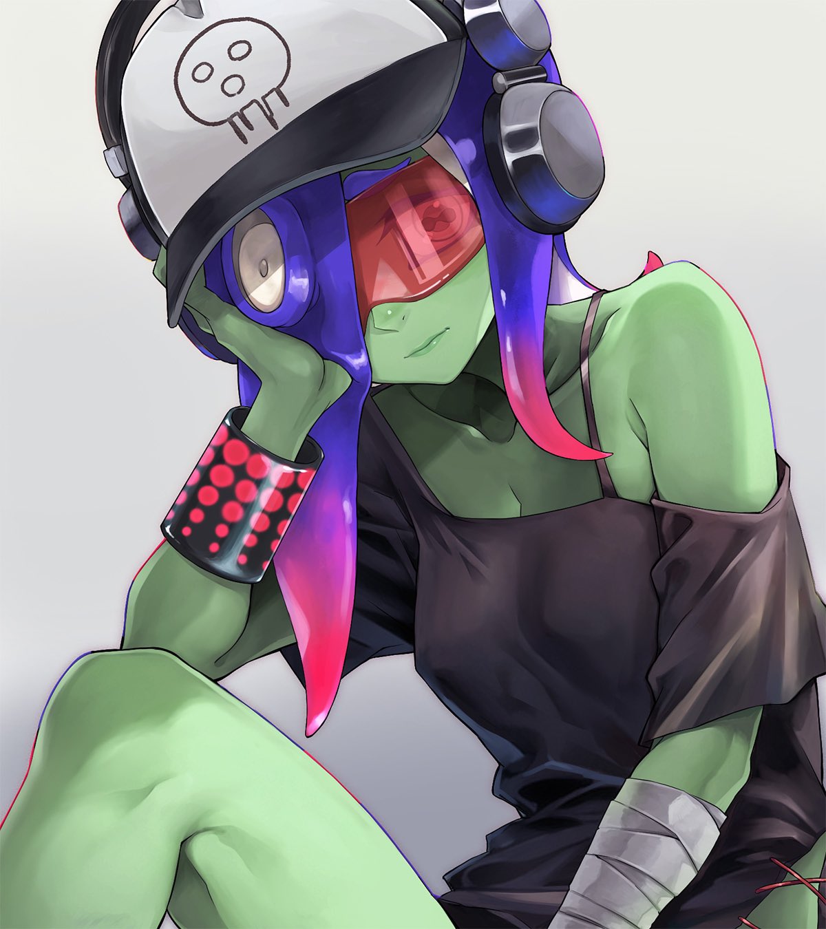 1girl bandaged_arm bandages baseball_cap black_dress blue_hair breasts cephalopod_eyes cleavage closed_mouth colored_skin dedf1sh dress english_commentary eyes_visible_through_eyewear gradient_background gradient_hair green_skin grey_background hat headphones headphones_over_headwear highres jajanome long_hair looking_at_viewer multicolored_hair octoling off_shoulder print_headwear red-tinted_eyewear red_hair sanitized_(splatoon) simple_background single_bare_shoulder solo splatoon_(series) splatoon_3 splatoon_3:_side_order tentacle_hair tinted_eyewear two-tone_hair