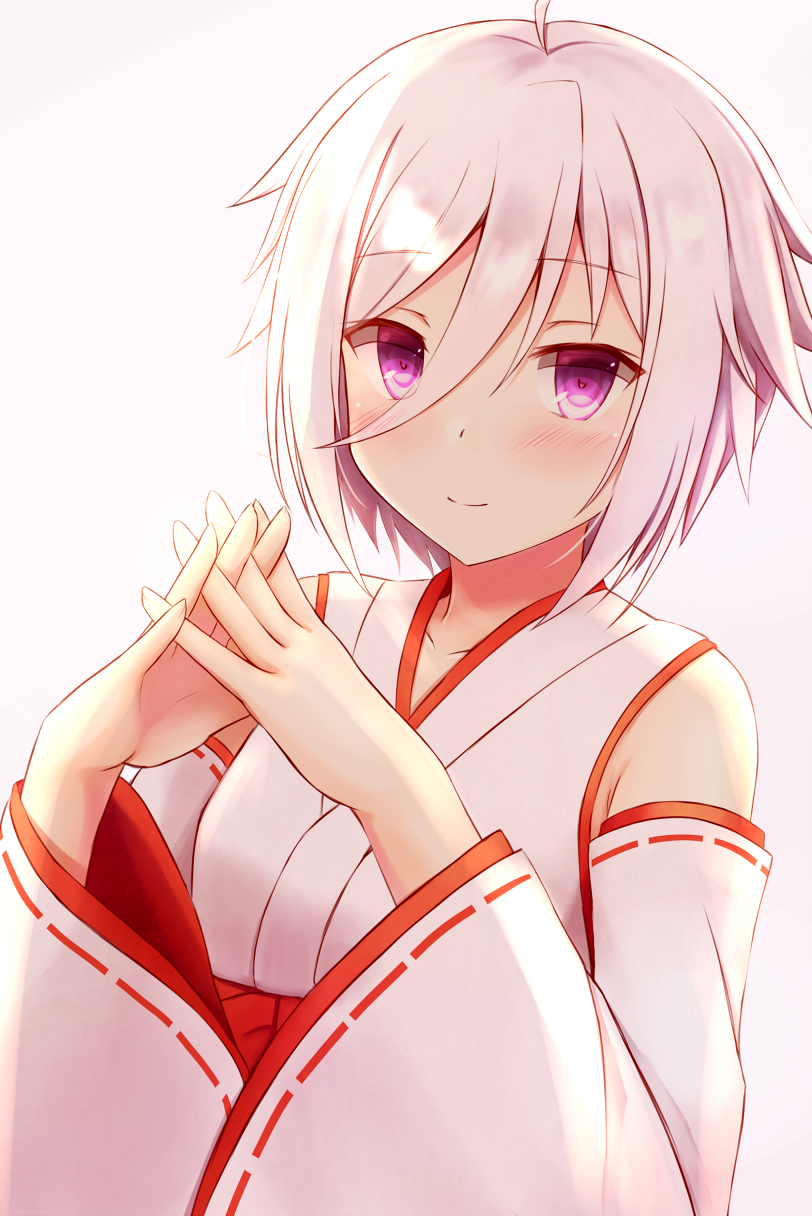 1girl ahoge blush collarbone commentary_request hair_between_eyes highres itomi_sayaka japanese_clothes long_sleeves looking_at_viewer miko natsu_(927013) own_hands_together purple_eyes short_hair smile solo toji_no_miko upper_body white_hair wide_sleeves