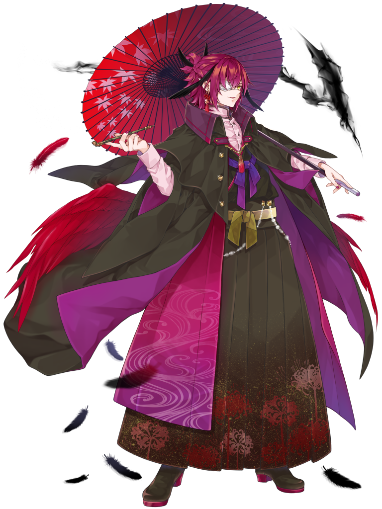 1boy dairoku_ryouhei eyepatch feathers floral_print full_body jm_pbw kamikari_kafuka kiseru long_sleeves male_focus oil-paper_umbrella red_hair red_wings smoking smoking_pipe solo spider_lily_print standing transparent_background umbrella wings yellow_eyes