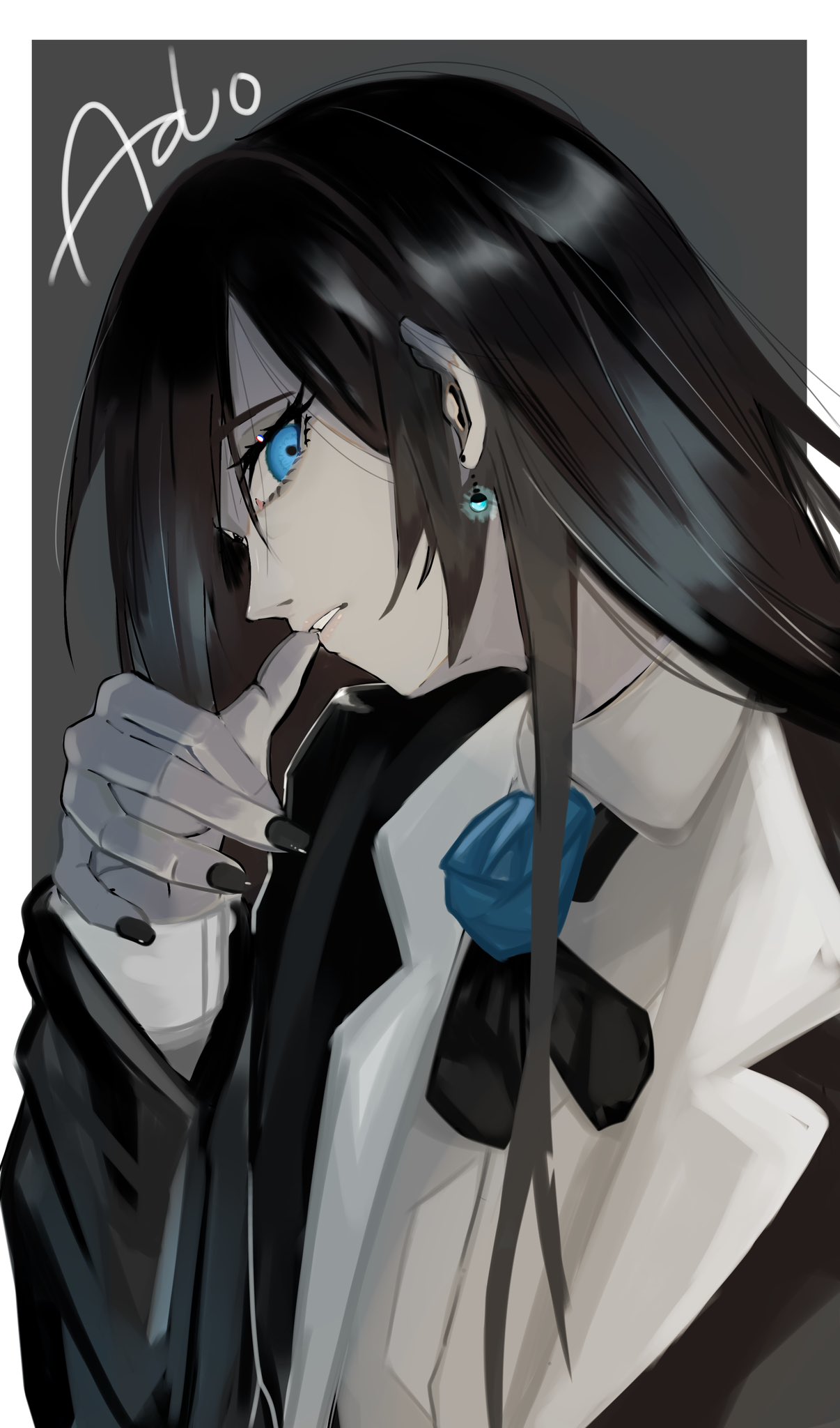1girl ado_(utaite) black_bow black_bowtie black_coat black_hair black_nails blue_eyes blue_flower blue_rose border bow bowtie chando_(ado) character_name cloud_nine_inc coat collared_shirt commentary dress_shirt earrings flower grey_background highres jewelry long_hair long_sleeves looking_at_viewer nail_polish open_clothes open_coat outside_border party rose shirt sidelocks solo upper_body utaite white_border white_shirt yuuli-hr