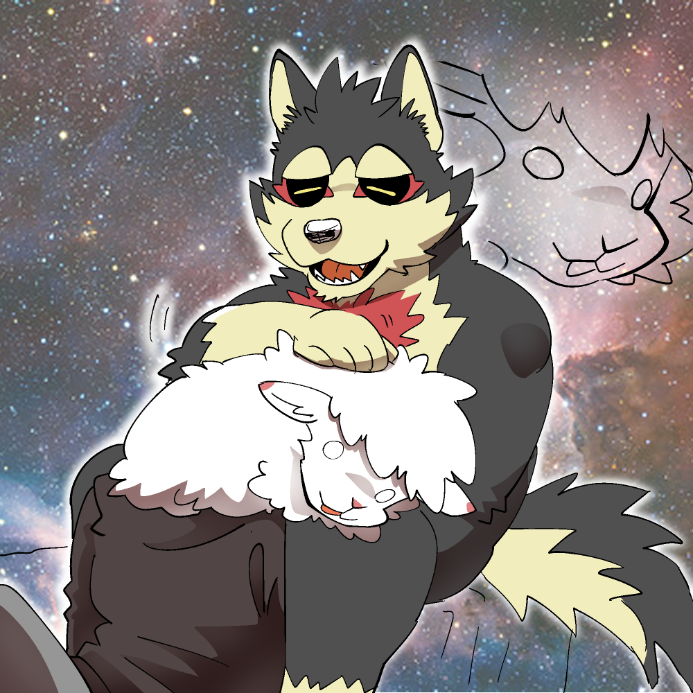 alpaca anthro camelid canid canine canis domestic_dog duo garmr male mammal nikunabe1989 petting shirtless tokyo_afterschool_summoners video_games