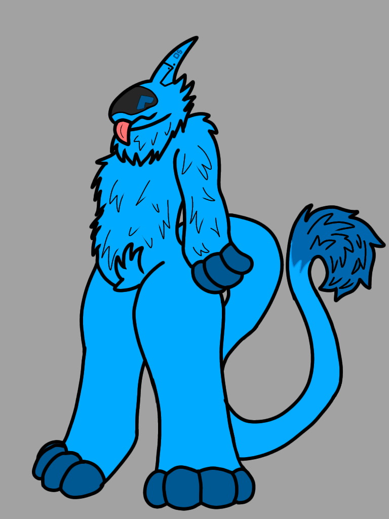anthro beta_(fruityderg) blue_body blue_fur crotch_tuft fruityderg fur humanoid hybrid male mammal neck_tuft simple_background smile solo splynter synth_(vader-san) tail tongue tuft