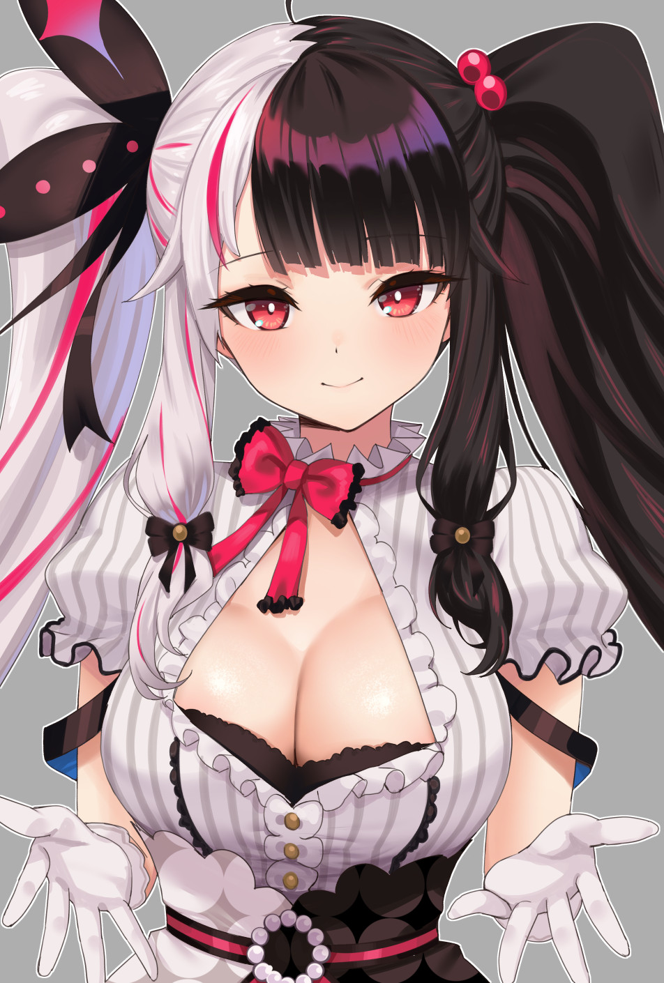 1girl black_hair blush bow bowtie breasts butterfly_hair_ornament cleavage cleavage_cutout closed_mouth clothing_cutout dress fuooooo gloves grey_background hair_bobbles hair_ornament hands_up highres large_breasts looking_at_viewer multicolored_hair nijisanji puffy_short_sleeves puffy_sleeves red_bow red_bowtie red_eyes red_hair short_sleeves sidelocks simple_background smile solo split-color_hair streaked_hair twintails two-tone_dress upper_body white_dress white_gloves white_hair yorumi_rena yorumi_rena_(1st_costume)