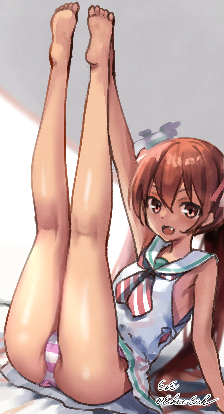 1girl artist_name barefoot brown_eyes brown_hair commentary_request dark-skinned_female dark_skin dress eckert&amp;eich fang hat highres kantai_collection legs_up libeccio_(kancolle) long_hair looking_at_viewer low-cut_armhole mini_hat neckerchief one-hour_drawing_challenge open_mouth panties sailor_collar sailor_dress sleeveless sleeveless_dress solo striped_clothes striped_neckerchief striped_panties twintails twitter_username underwear white_sailor_collar