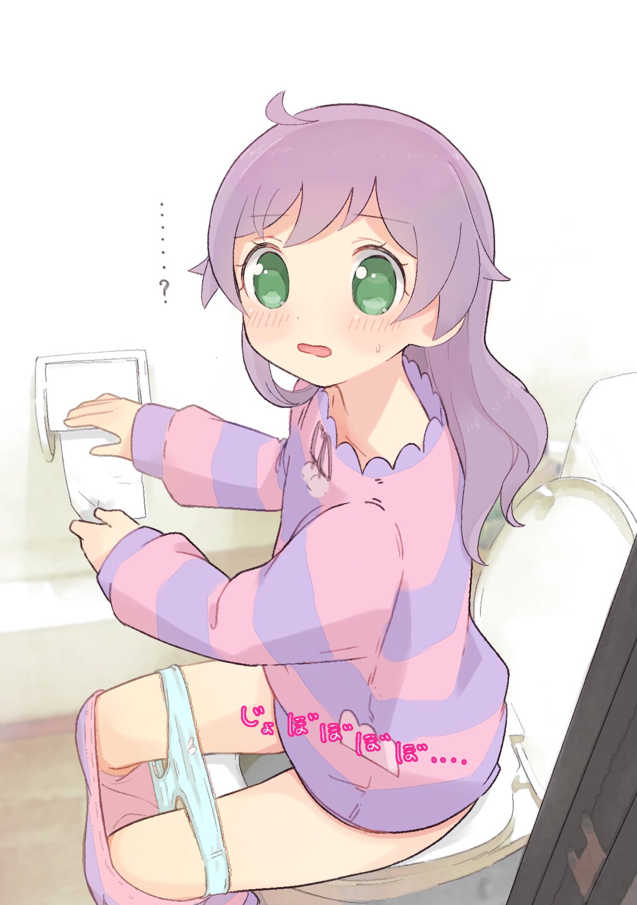 ... 1girl ? ahoge blue_panties bow bow_panties clothes_pull commentary dot_nose feet_out_of_frame from_side green_eyes highres hyakumangoku_masurao indoors long_sleeves looking_at_viewer manaka_laala manaka_laala_(young) medium_hair on_toilet open_mouth pajamas panties pants pants_pull panty_pull peeing pov_doorway pretty_series pripara purple_hair sitting solo sound_effects striped_clothes striped_pajamas sweatdrop toilet toilet_paper toilet_use underwear