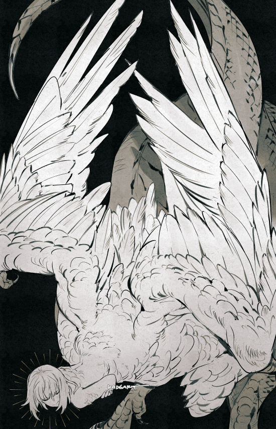 1girl body_fur centauroid chimera closed_eyes closed_mouth completely_nude dragon_girl dungeon_meshi falin_thorden feathered_wings from_above kadeart monochrome monster_girl nude self_hug short_hair simple_background smile solo spoilers taur twitter_username wings