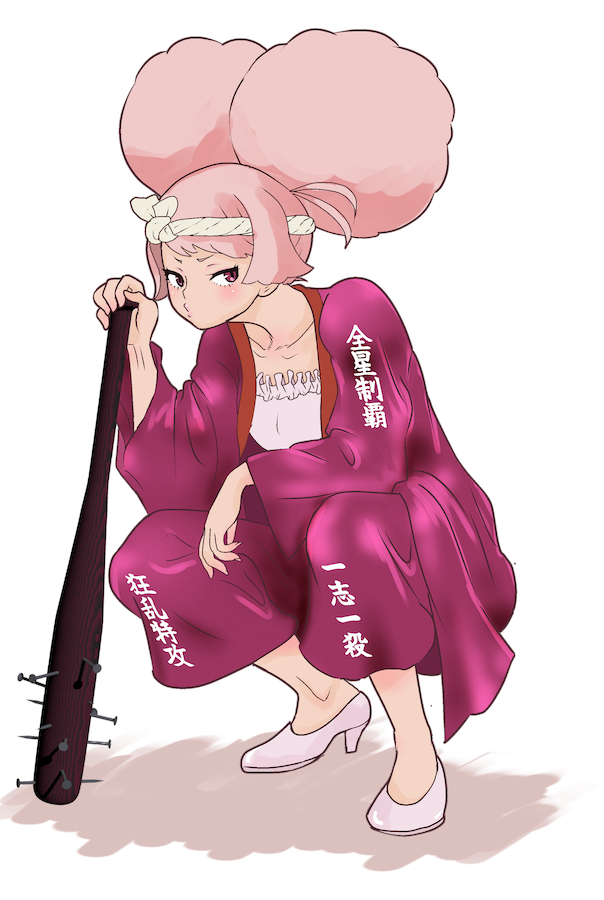 1girl afro_puffs aoyagi_umiushi baseball_bat chuatury_panlunch delinquent full_body gundam gundam_suisei_no_majo headband high_heels holding holding_baseball_bat holding_weapon hood hoodie nail nail_bat pink_hoodie pursed_lips red_eyes solo squatting weapon white_footwear wide_sleeves