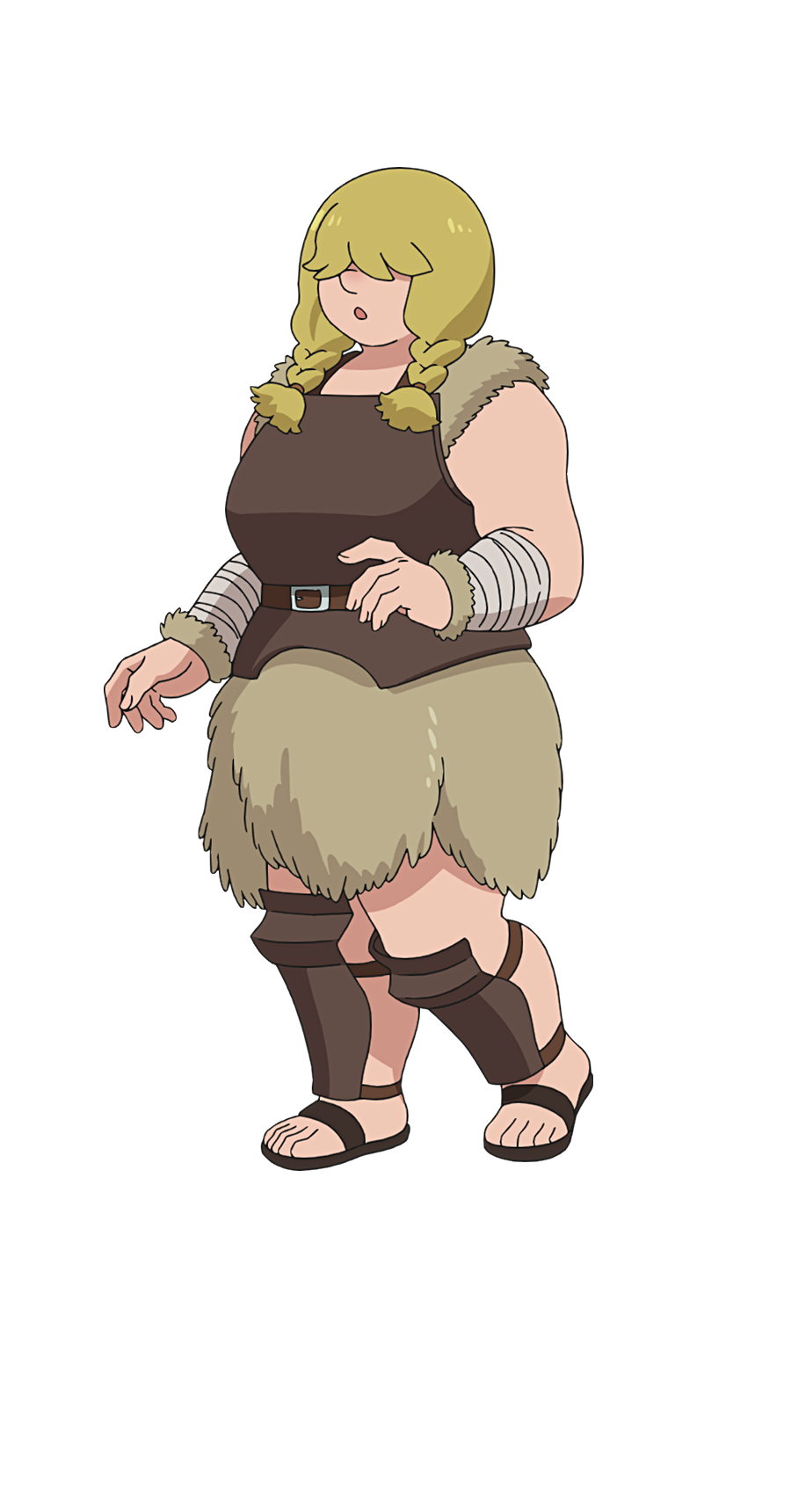 1girl armor bandaged_wrist bandages blonde_hair braid breastplate dia_(dungeon_meshi) dungeon_meshi dwarf full_body fur_(clothing) hair_over_eyes highres medium_hair official_art open_mouth sandals simple_background solo tachi-e transparent_background twin_braids