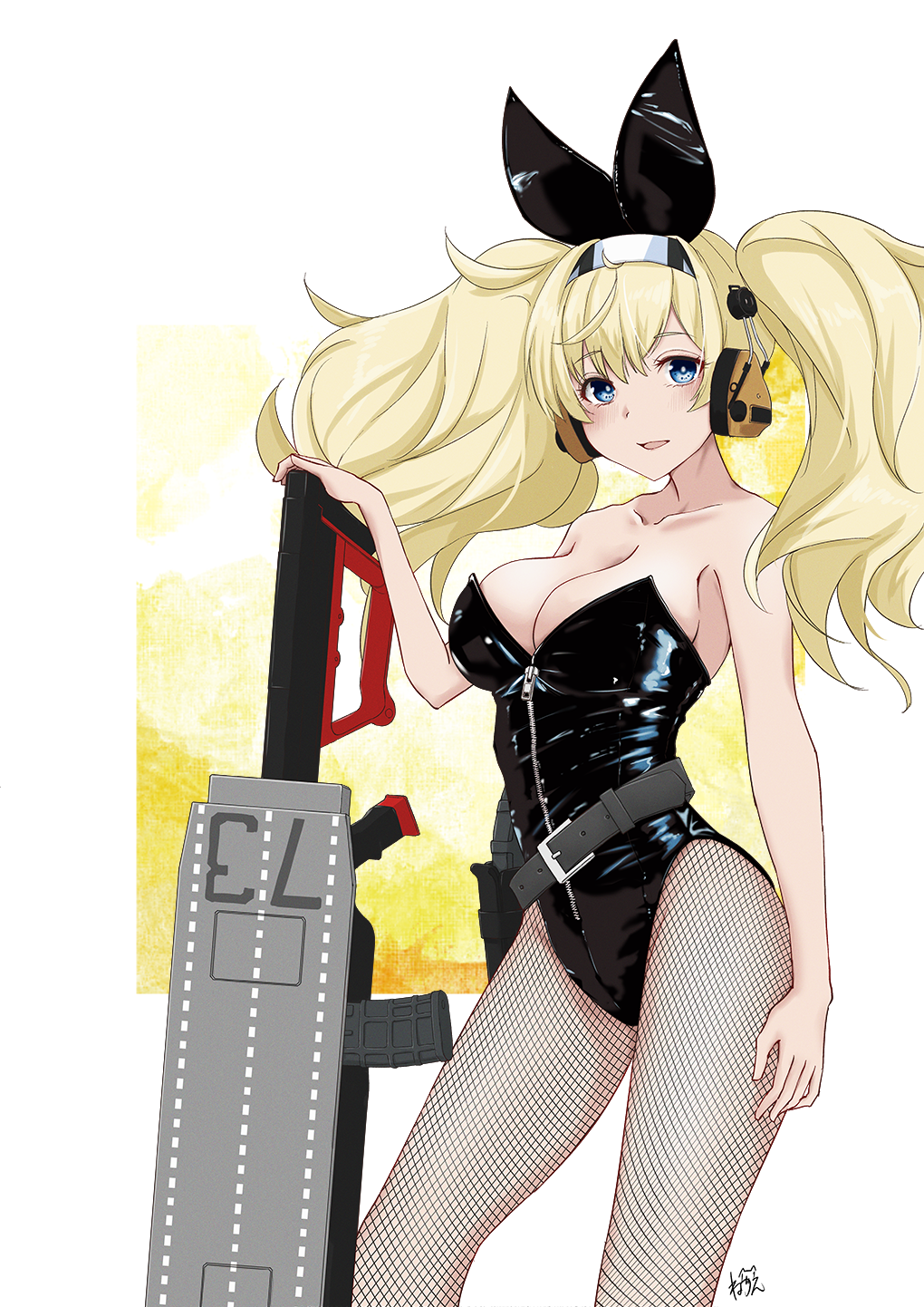 1girl alternate_costume animal_ears belt black_belt black_leotard blonde_hair blue_eyes breasts cleavage feet_out_of_frame fishnet_pantyhose fishnets flight_deck gambier_bay_(kancolle) headphones highres kantai_collection large_breasts leotard long_hair neve_(morris-minicooper) pantyhose playboy_bunny rabbit_ears solo strapless strapless_leotard twintails zipper zipper_pull_tab