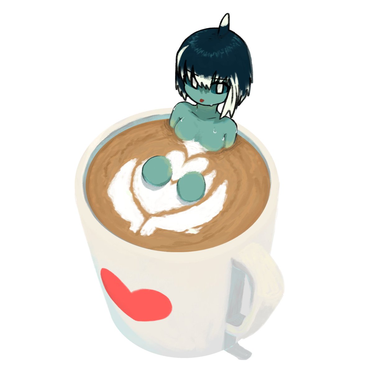 1girl :p blue_hair blue_sclera colored_sclera colored_skin commentary cup dusty_(ddusty) english_commentary fins food green_skin head_fins heart highres in_container in_cup in_food knees_up latte_art looking_at_viewer monster_girl mug multicolored_hair nude original partially_submerged print_mug short_hair sitting solo streaked_hair sweat tongue tongue_out white_background white_hair