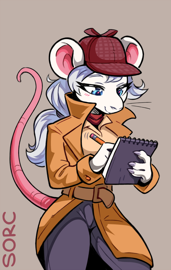 2021 anthro blue_eyes blush breasts claws clothing coat detective female finger_claws fur grey_hair hair hat headgear headwear mammal mouse murid murine notebook pencil_(object) rodent simple_background solo sorc standing topwear trenchcoat white_body white_fur