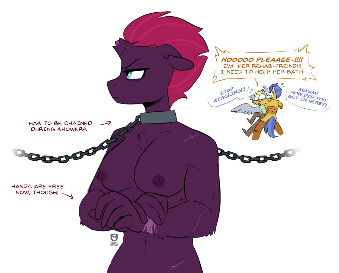 anthro anthrofied blue_eyes breasts broken_horn chain collar derpy_hooves_(mlp) dialogue english_text equid equine female friendship_is_magic fur hasbro horn male mammal my_little_pony mythological_creature mythological_equine mythology nipples nude purple_body purple_fur redxbacon royal_guard_(mlp) scar simple_background text unicorn white_background