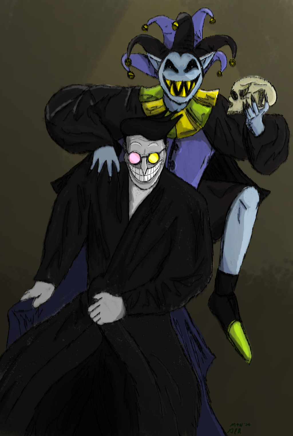 bone chair clothing clown deltarune duo eyewear furniture glasses hi_res humanoid humanoid_pointy_ears jester jevil_(deltarune) m4n male male/male monster noseless pointy_nose portrait sharp_teeth skull smile spamton_g._spamton suit teeth throne undertale undertale_(series)