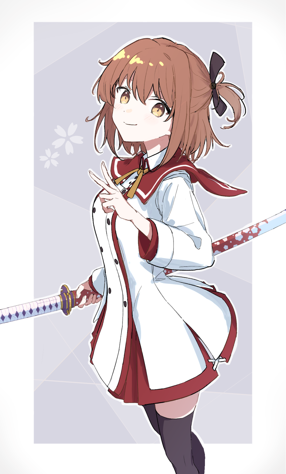 1girl black_ribbon black_thighhighs breasts brown_eyes brown_hair closed_mouth commentary_request dress etou_kanami hair_ribbon highres holding holding_sword holding_weapon katana long_sleeves looking_at_viewer medium_breasts minoseki_gakuin_uniform neck_ribbon one_side_up red_sailor_collar ribbon sailor_collar school_uniform short_hair solo sotonakahara sword thighhighs toji_no_miko upper_body v weapon white_dress yellow_ribbon