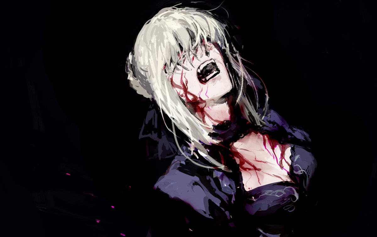 1girl artoria_pendragon_(fate) black_background blonde_hair blood blood_on_face breasts dress facing_up fate/stay_night fate_(series) forzen hair_over_eyes heaven's_feel medium_breasts open_mouth portrait purple_dress saber_alter screaming short_hair sidelocks simple_background solo